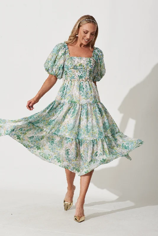 Online Exclusive Kaitie Midi Dress In Green Watercolour Floral Print