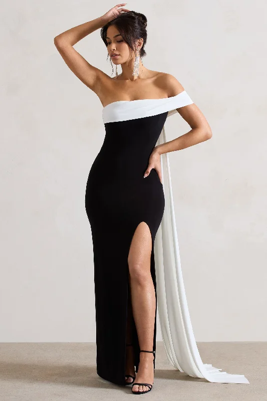 Extra Discounts Legacy | Black & White Bardot Split Maxi Dress With Drape