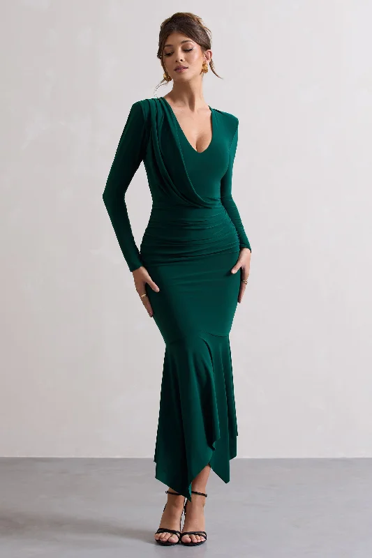 Don't Wait Milena | Bottle Green Plunge-Neck Maxi Dress With Draped Hem