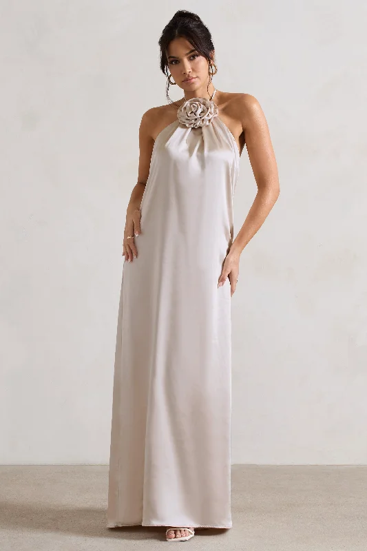 Big Discounts Everleigh | Cream Satin Relaxed Fit Maxi Column Dress With Corsage