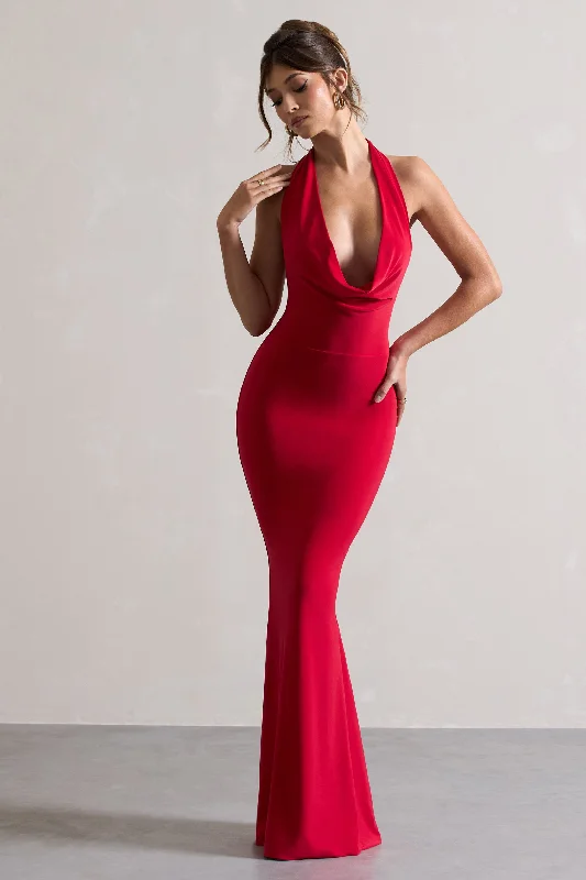 Special Promotion Milani | Red Backless Cowl Neck Fishtail Maxi Dress