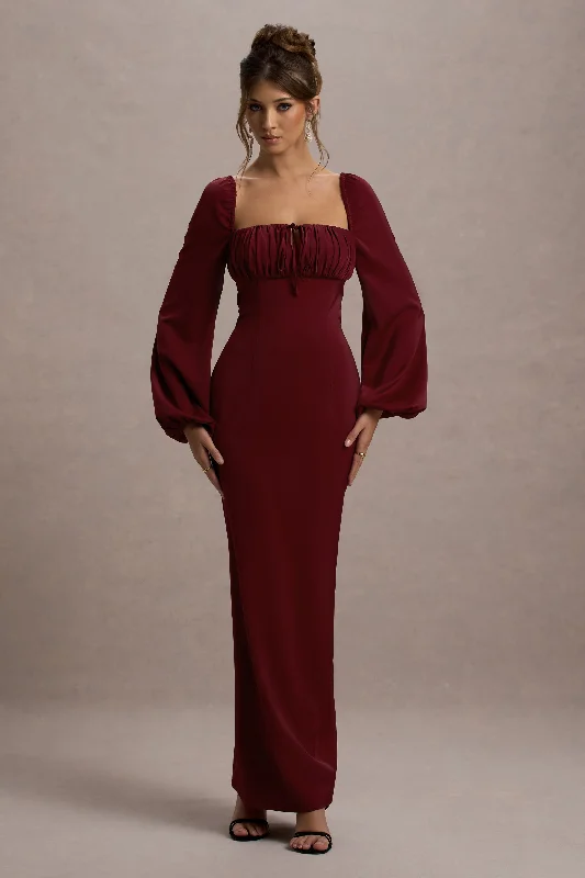 Take Advantage Nika | Berry Satin Square-Neck Balloon-Sleeve Maxi Dress
