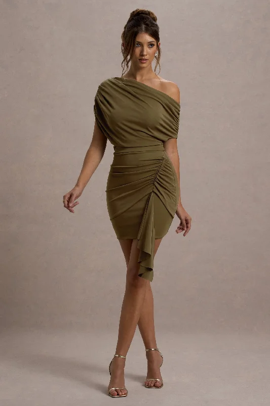 Final Clearance Osmanthus | Khaki Asymmetric Draped Mini Dress