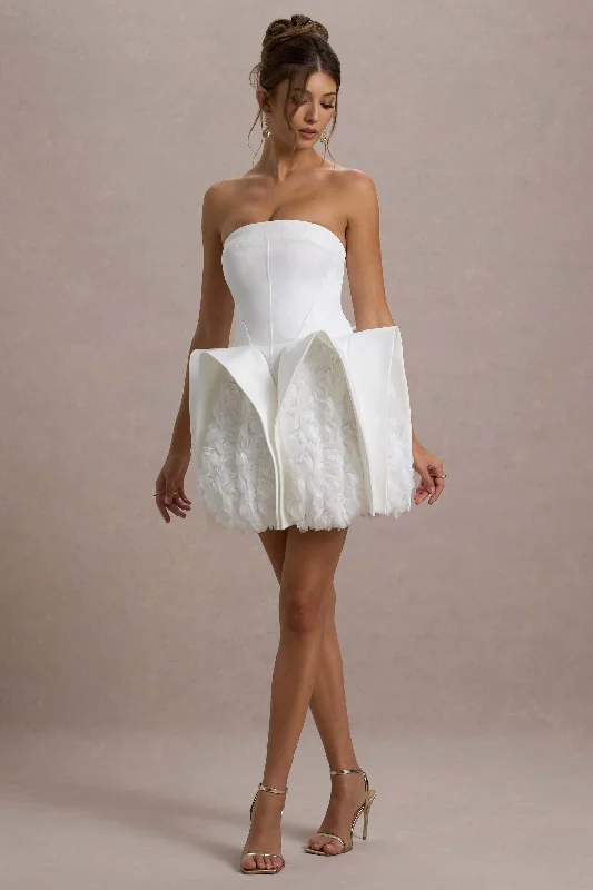 Early Bird Discount Orchid Oasis | White Bandeau Mini Dress With Puff Floral Hem