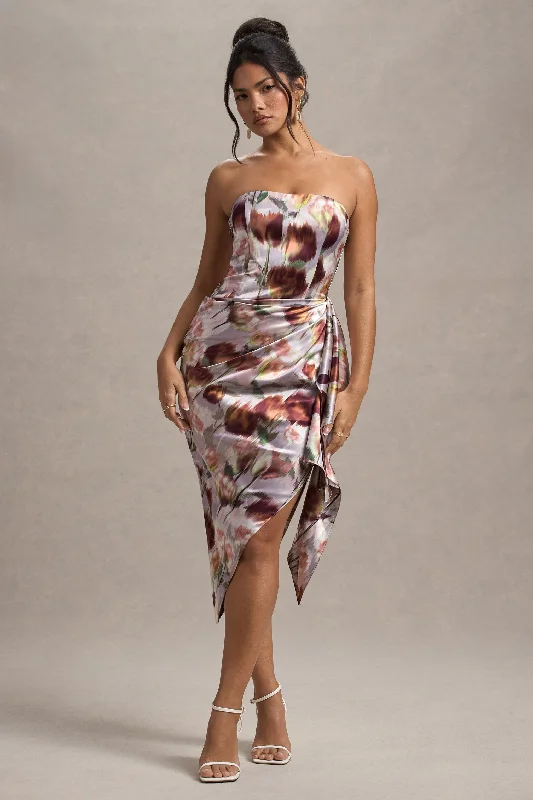 Deal Zone Axel | Cream Floral Print Satin Strapless Wrap Midi Dress