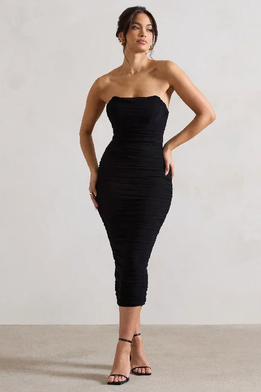 Amazing Deals Nylah | Black Ruched Corset Bodycon Midi Dress