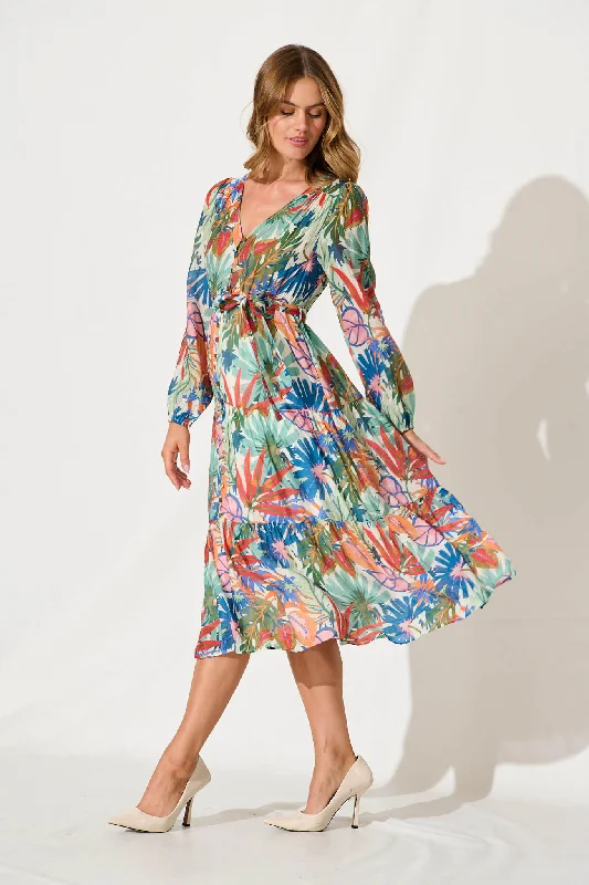 Value Deals Hendrix Midi Dress In Multi Leaf Print Cotton Blend