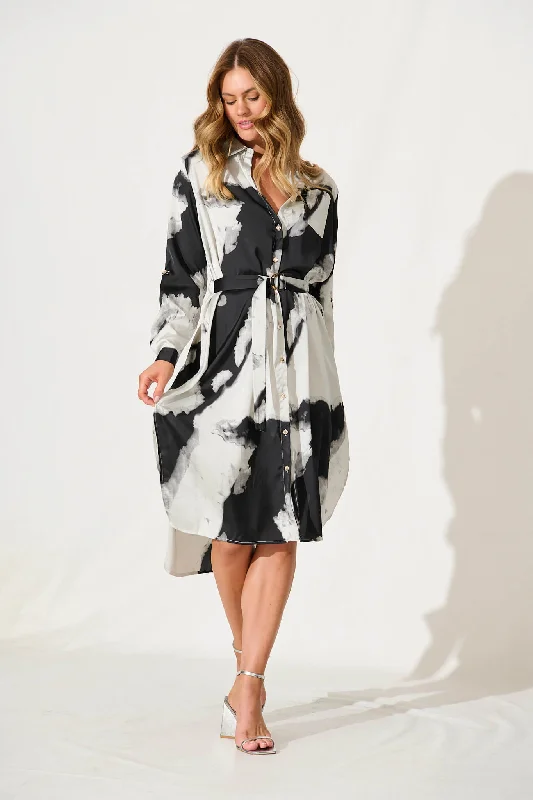 Big Discounts Dayside Midi Shirt Dress In Black And Grey Watercolour Satin