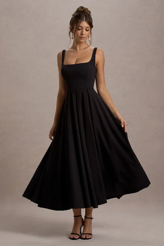While Supplies Last Parina | Black Strappy Volume-Hem Midi Dress
