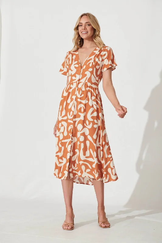 Crazy Deals Anthea Midi Dress In Tan With Cream Print