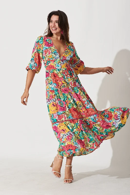 Grand Opening Sale Natasha Maxi Shirt Dress In Pink With Mustard And Green Floral