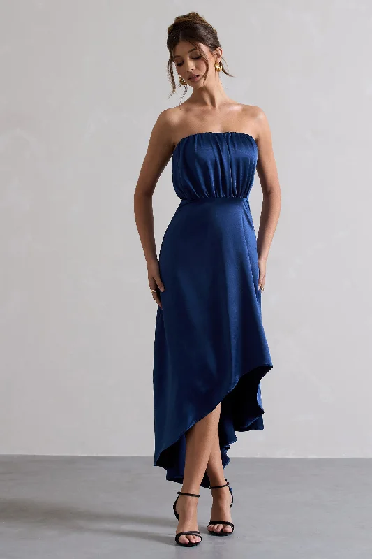 Amazing Deals Willa | Navy Satin Bandeau Maxi Dress With Asymmetric Hem