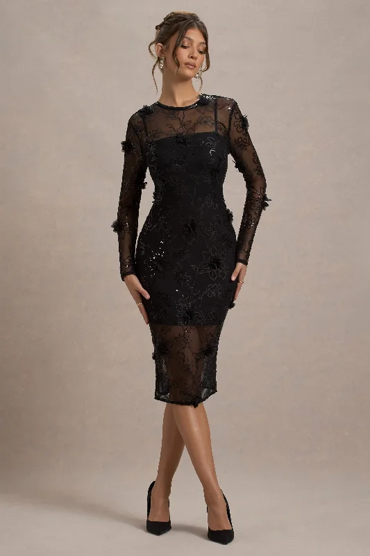 Extra Savings Intimate | Black Sequin Sheer Midi Dress With Flowers