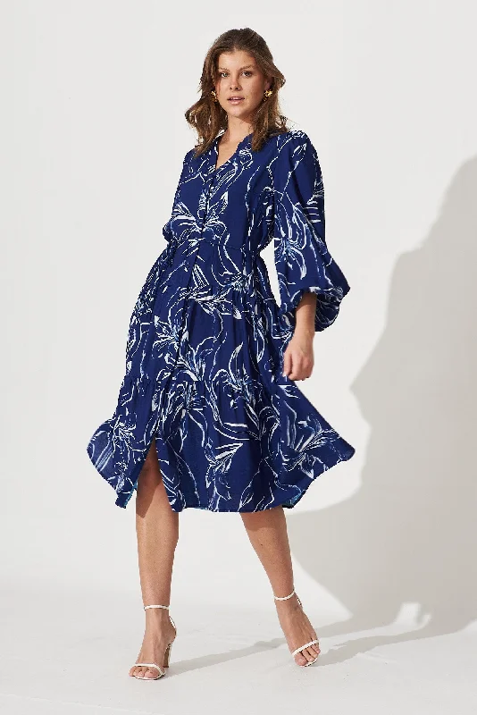 Discount Deals Mimosa Midi Shirt Dress In Navy With White Lily Print Cotton Blend