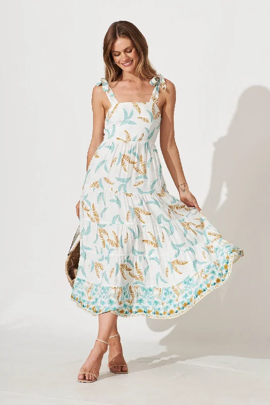 Special Price Sunshine Maxi Dress In White With Teal Leaf Print