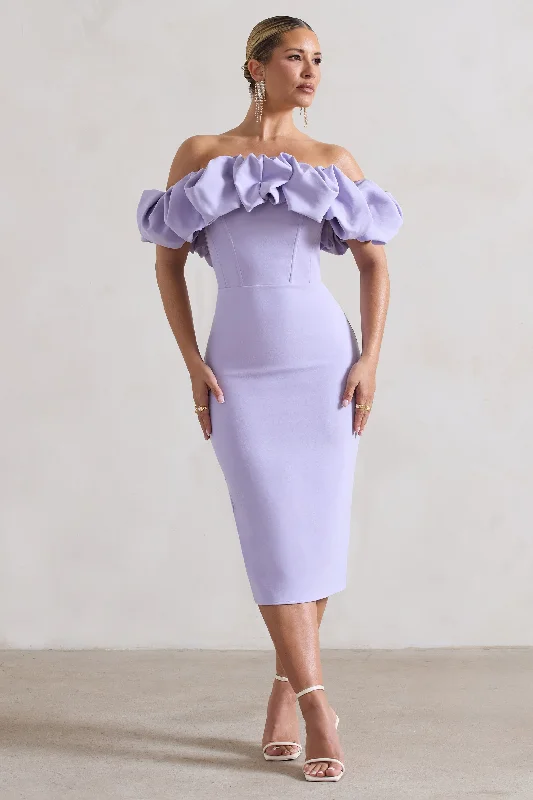 Super Sale Amie | Lilac Structured Ruffle Bardot Midi Dress