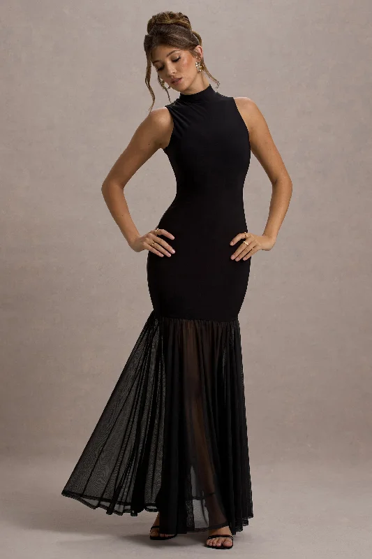 Steals and Deals Shae | Black High-Neck Maxi Dress With Sheer Skirt