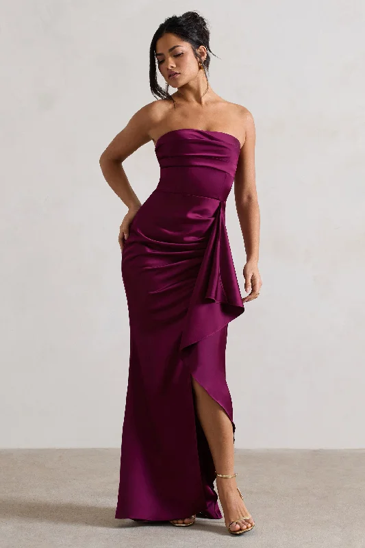 Exclusive Deal Ace | Plum Satin Bandeau Split Maxi Dress With Ruffle Drape