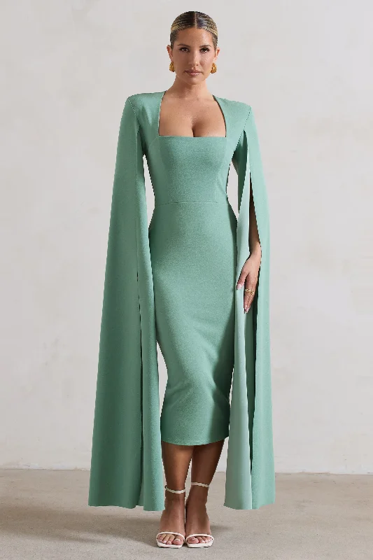 Special Savings No Replacement | Sage Green Square-Neck Cape-Sleeve Midi Dress