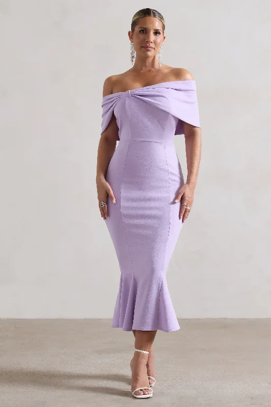 Stock Up and Save Lydia | Pastel Lilac Bardot Bow Detail Midi Dress