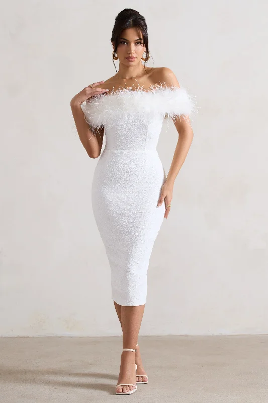 Seasonal Clearance Maiden | White Lace Bardot Midi Dress With Feather Trim