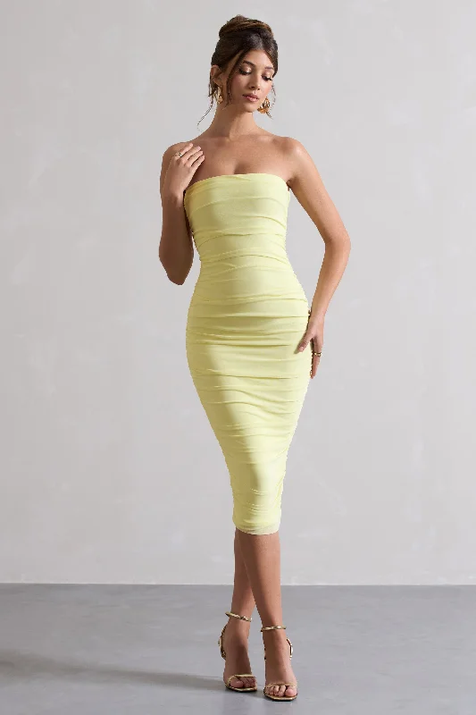 Deal Dash My Girl | Lemon Strapless Bodycon Ruched Mesh Midi Dress
