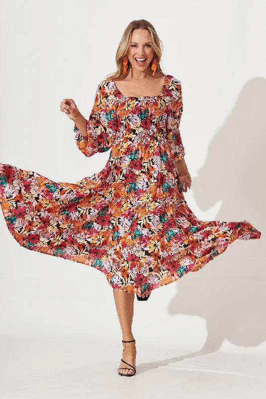 Get It Before It’s Gone Ashley Midi Dress In Black With Multi Floral