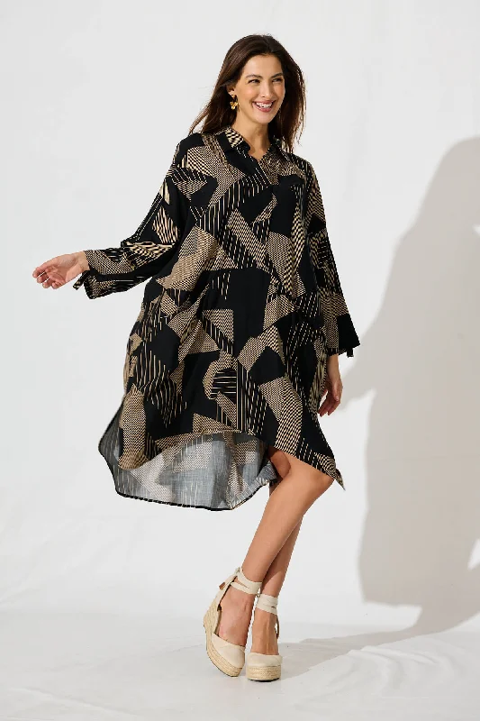 Flash Deals London Midi Smock Dress In Black With Beige Print