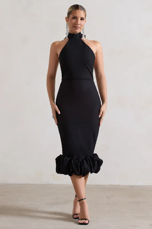 Price Drop Alert Ashton | Black High-Neck Midi Dress With Ruffle Hem