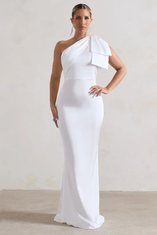 Fantastic Deals Lady | White Satin One Shoulder Maxi Dress With Bow