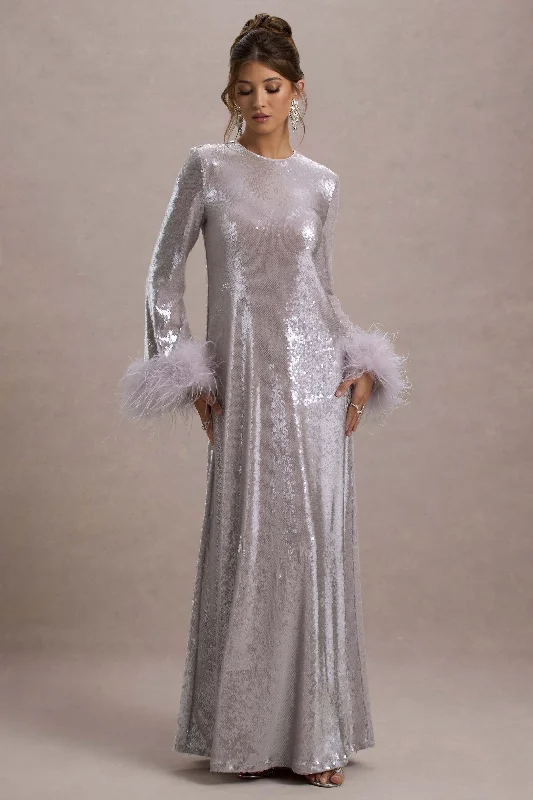 Savings Spectacular Tallie | Lilac Sequin Maxi Dress With Feather Trim