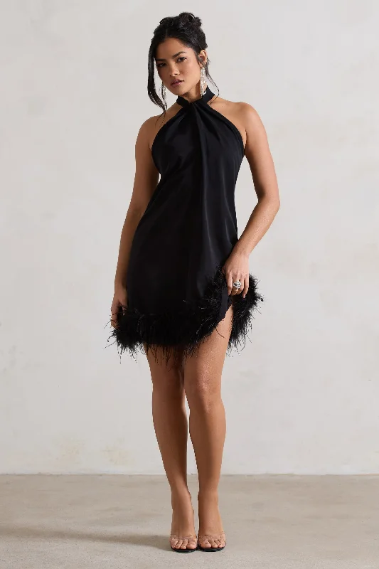 Quick Sale Femme | Black Halter-Neck Smock Mini Dress With Feather Hem