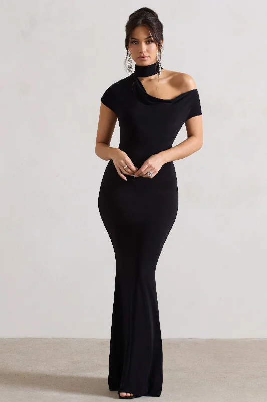 Crazy Deals Margaux | Black One-Shoulder Maxi Dress With Halter-Collar
