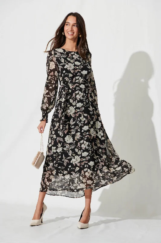 Midnight Madness Lauren Midi Dress In Black With Cream Floral Chiffon