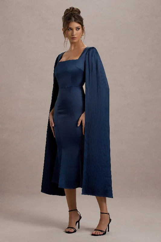 Get It Before It’s Gone Nalda | Navy Square-Neck Midi Dress With Cape Sleeves