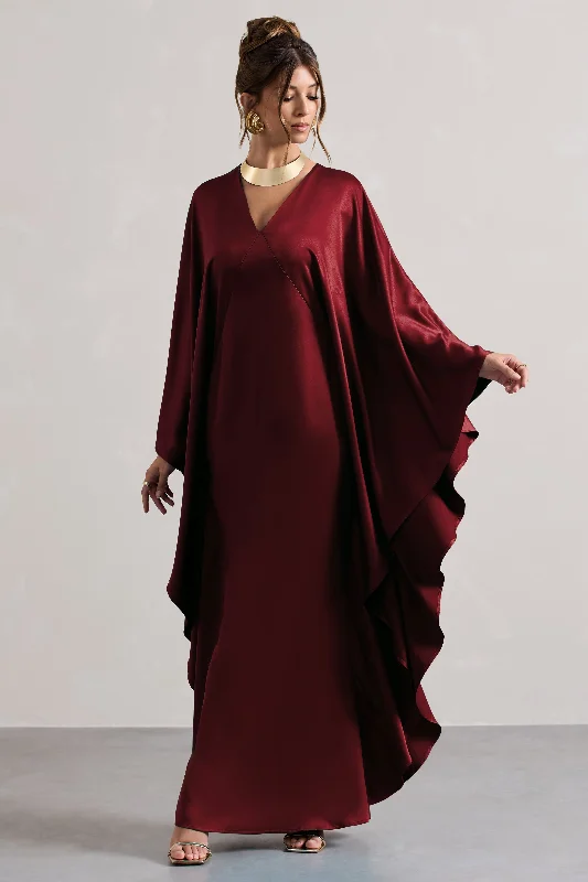 Doorbuster Deal Alohi | Berry Satin Plunge Cape Maxi Dress