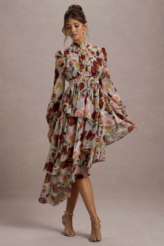 Major Savings Begonia | Cream Floral Print High-Neck Tiered Chiffon Maxi Dress