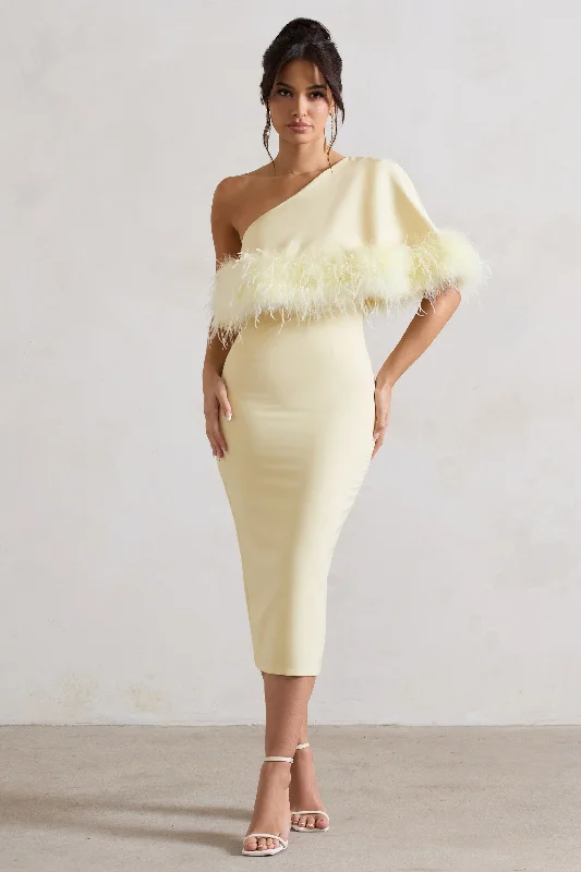 Price Buster Victory | Lemon One Shoulder Midi Dress With Feather Trim