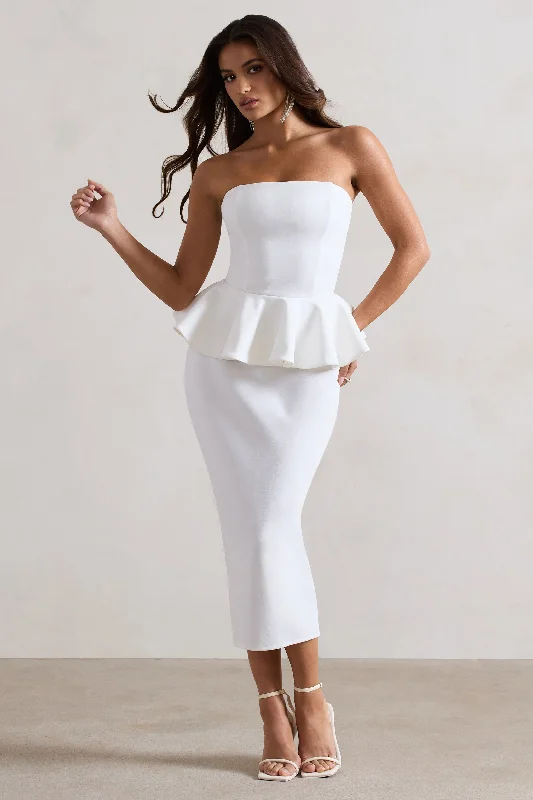 Final Markdown Chicago | White Bodycon Bandeau Midi Dress With Peplum Detail
