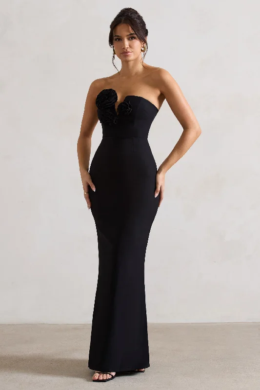 Price Fest Enticed | Black Strapless V-Neck Maxi Dress With Flowers
