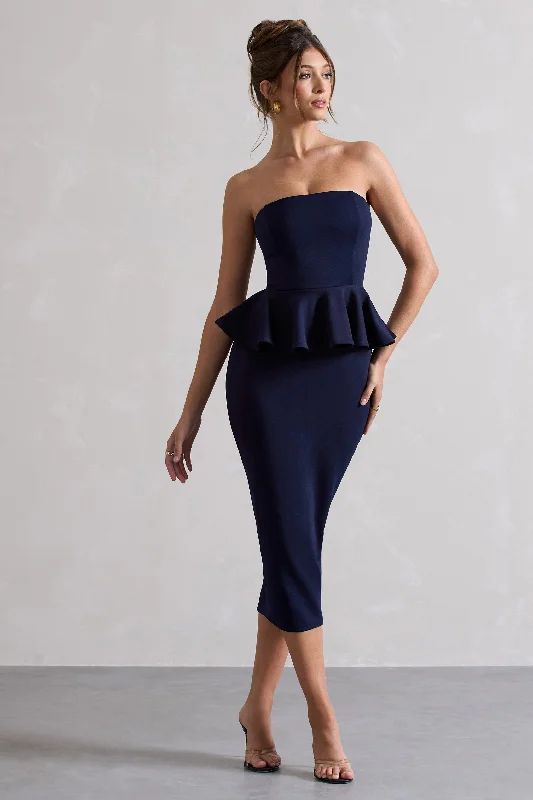 Deal of the Week Chicago | Navy Bodycon Bandeau Midi Dress With Peplum Detail