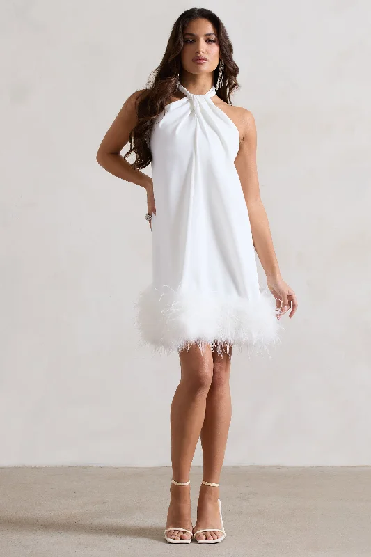 Savings Galore Femme | White Halter-Neck Smock Mini Dress With Feather Hem