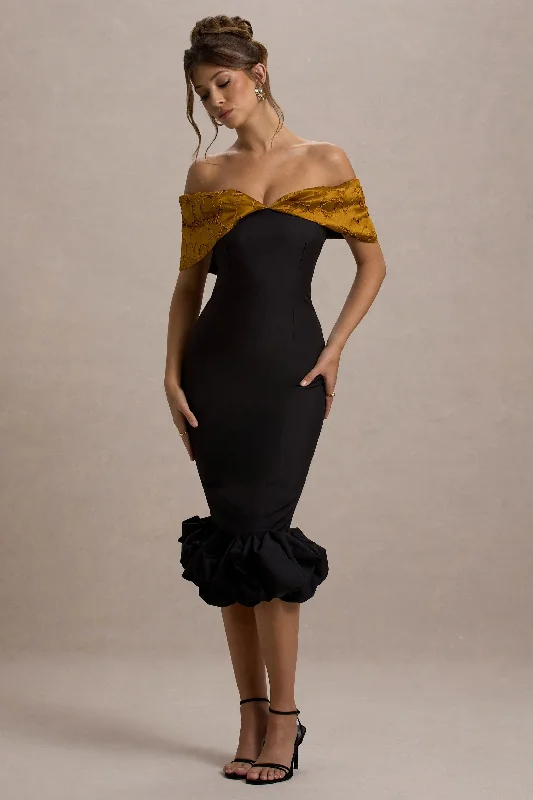 Don't Miss Despina | Black Bardot Midi Dress With Ruffle Hem