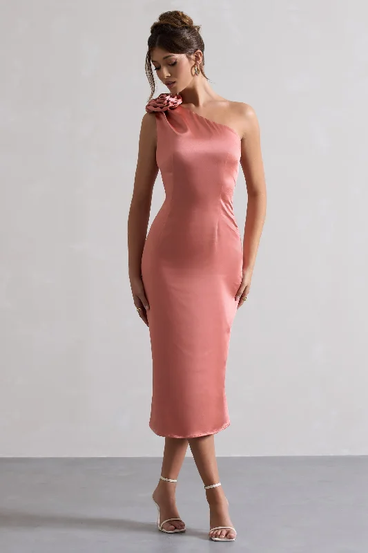 Closeout Ascot | Coral Satin One Shoulder Midi Dress With Corsage