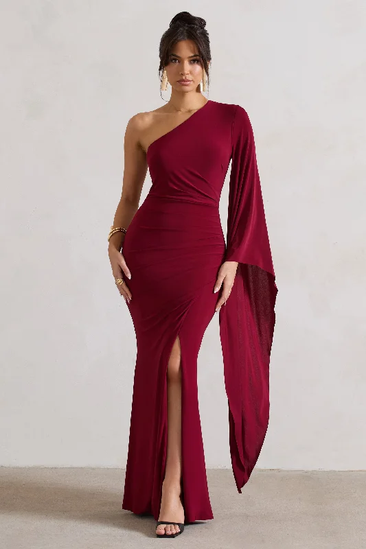 Final Clearance Giada | Berry Ruched One Shoulder Cape Sleeve Maxi Dress