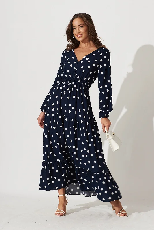 Stock Clearance Johanna Maxi Dress In Navy With White Polka Dot
