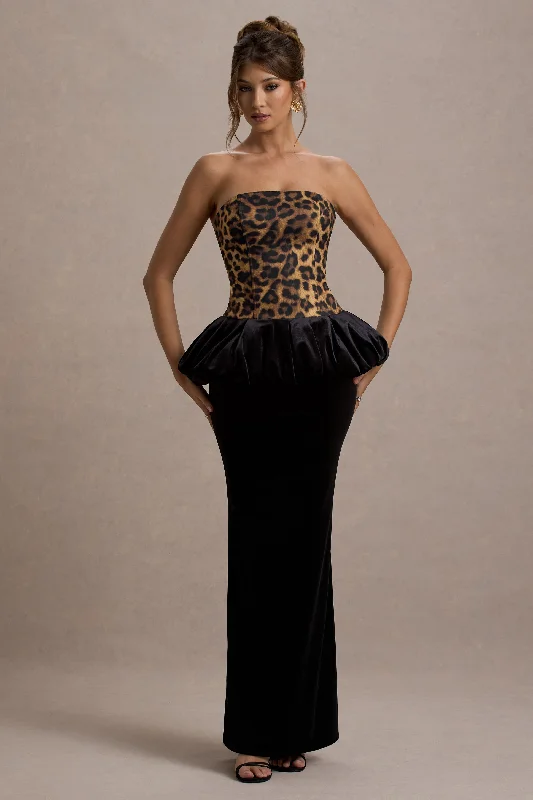 Bargain Prices Harriette | Leopard Print Bandeau Maxi Dress With Black Velvet Peplum Skirt