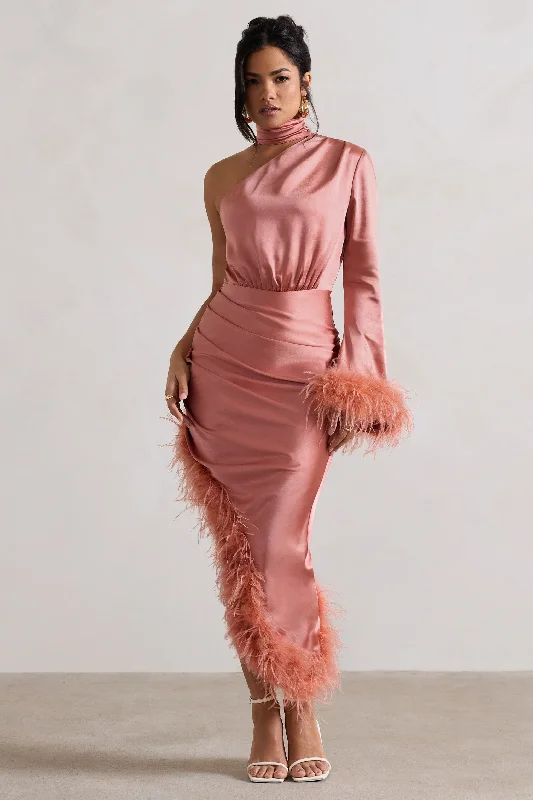 Online Exclusive Dolce | Coral Satin Asymmetric One Sleeve Maxi Dress With Feather Trims