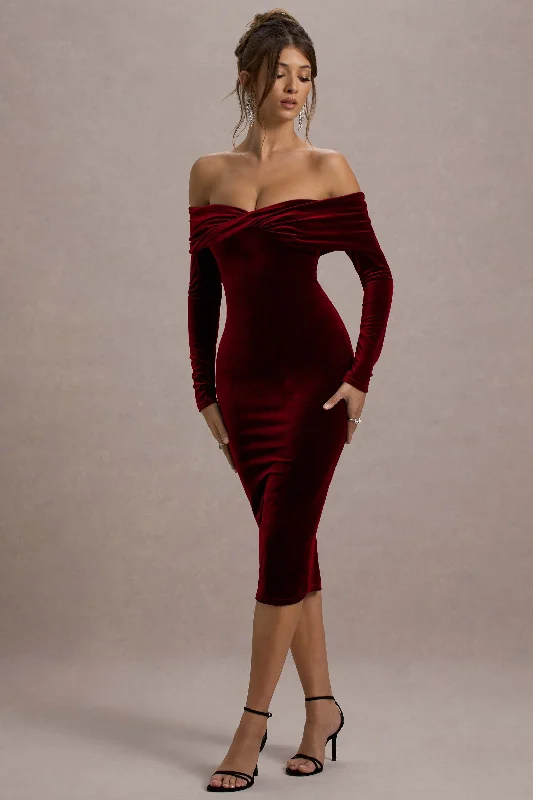 Special Discount Compliment | Berry Velvet Bardot Midi Dress