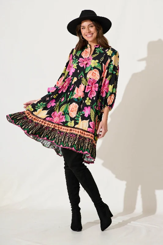 Take Advantage Mimi Smock Dress In Black With Bright Multi Floral